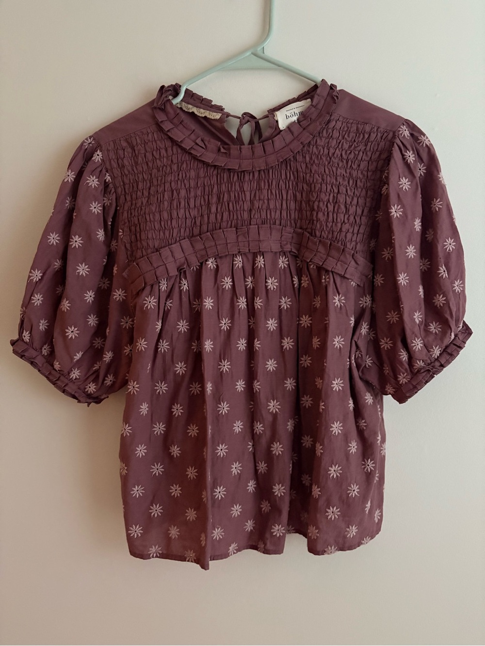 Bohme Dusty Mauve Smocked Puff-Sleeve Floral Blouse